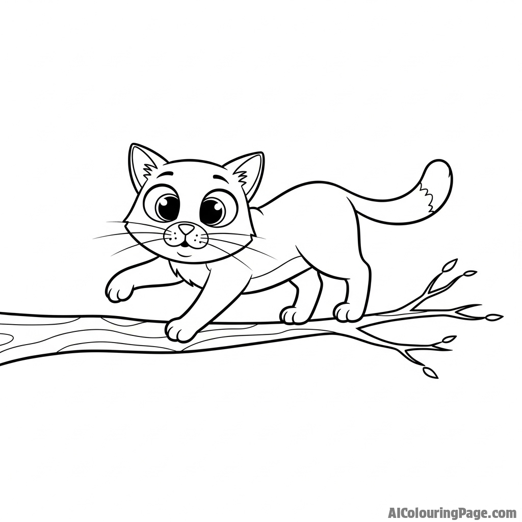 A cat balancing perfectly on a narrow tree branch high above the ground.