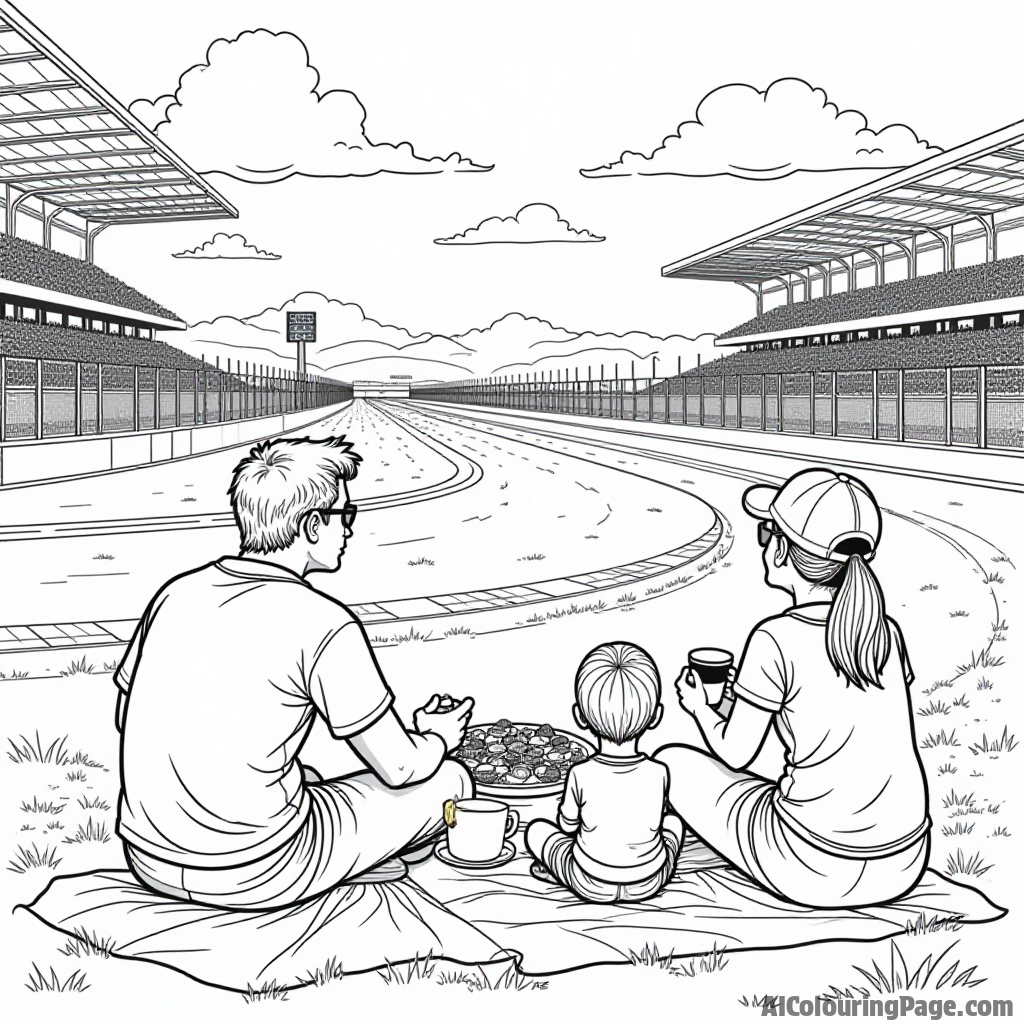 A scene of a family at a racetrack, enjoying a picnic while watching the race, showcasing fun moments in sports activities for an engaging coloring page.