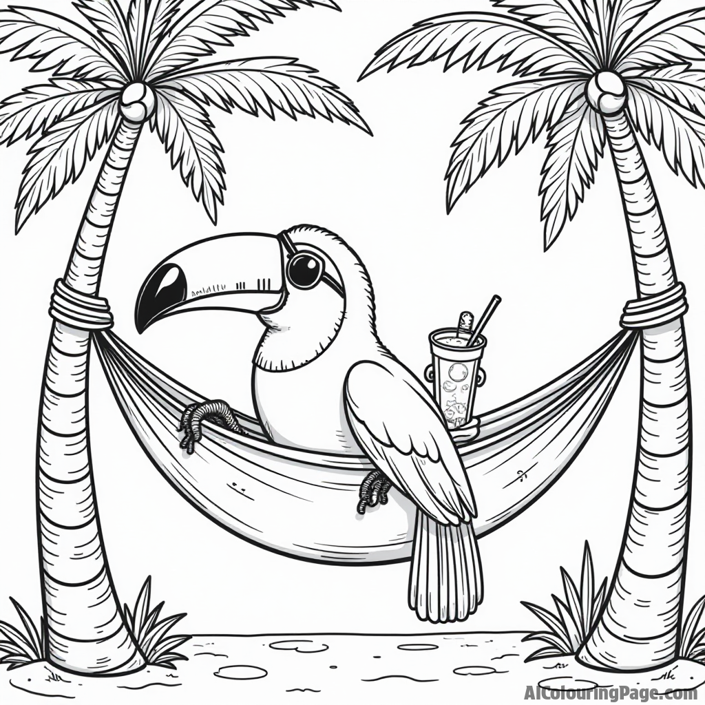 A toucan relaxing in a hammock tied between two palm trees with a refreshing drink and sunglasses on its beak.