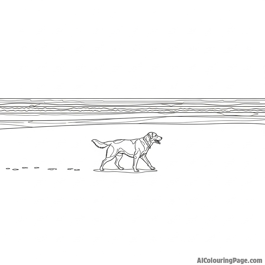 A wide-angle photo of a single dog on a vast, empty beach.