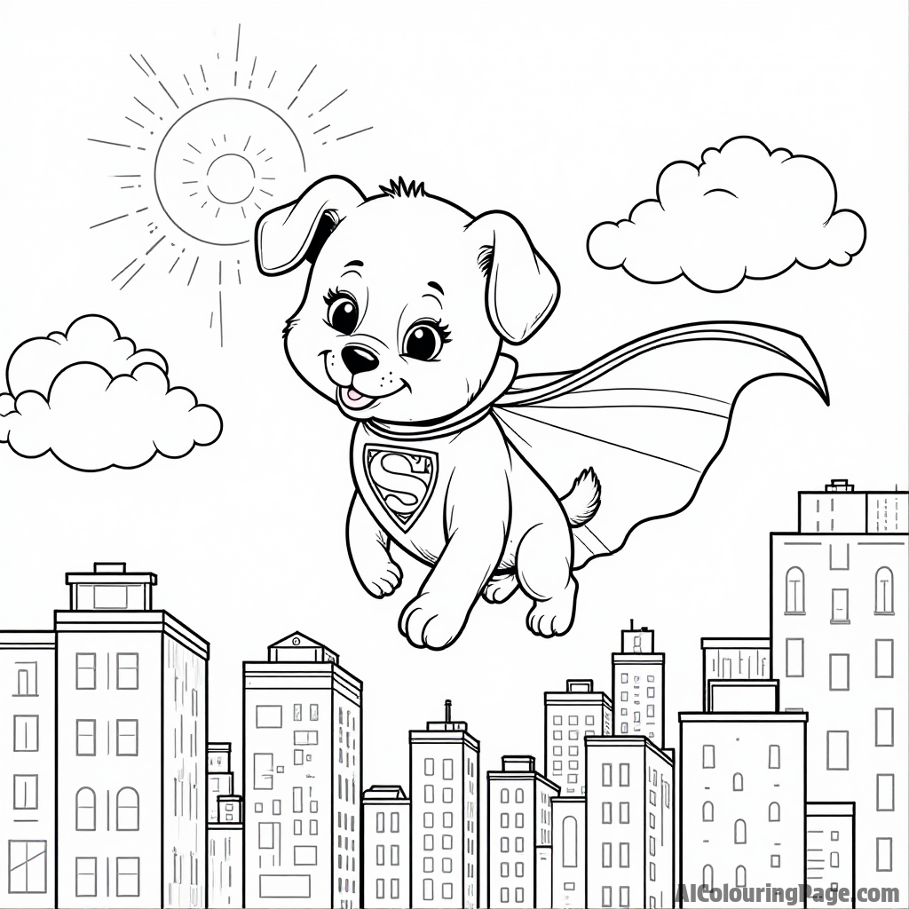 A puppy in a superhero cape flying above a city skyline, with clouds and a bright sun shining in the background.