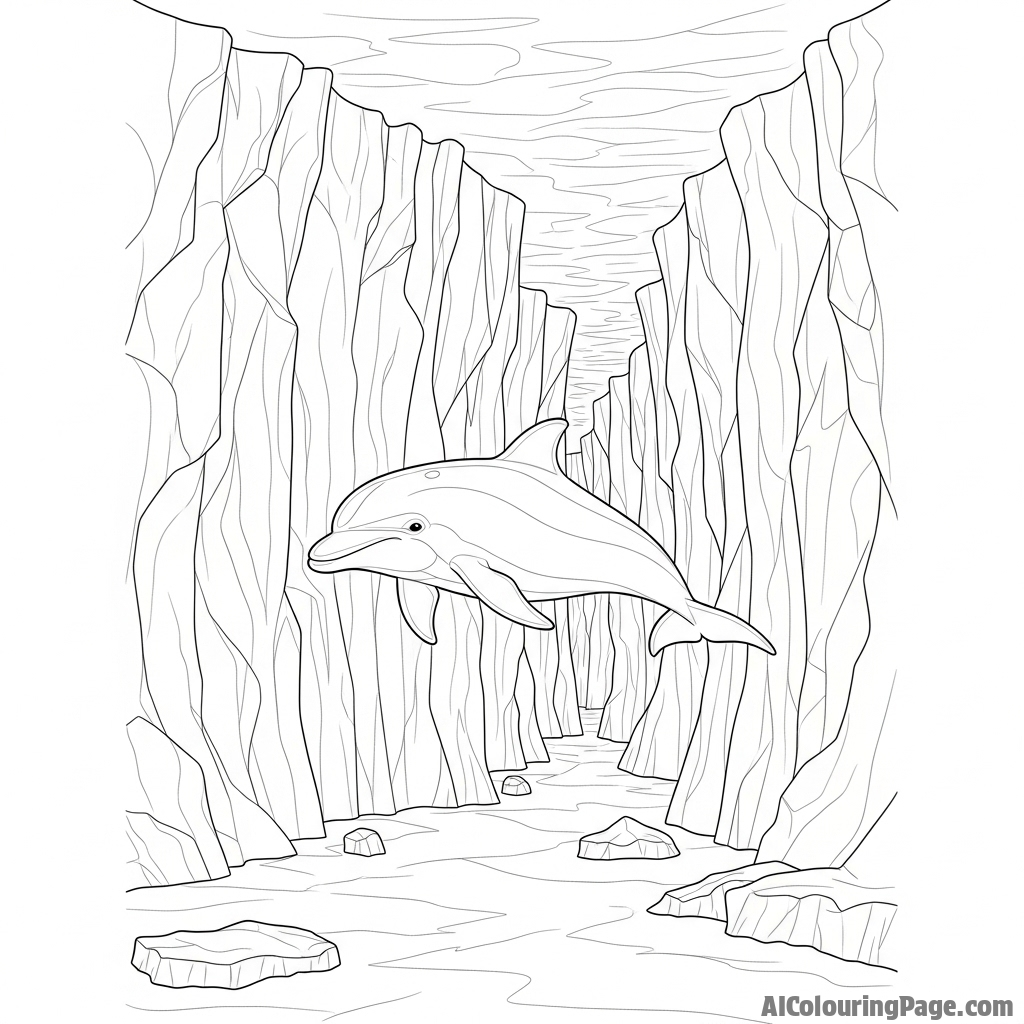 A dolphin navigating through a massive underwater canyon of ice formations.