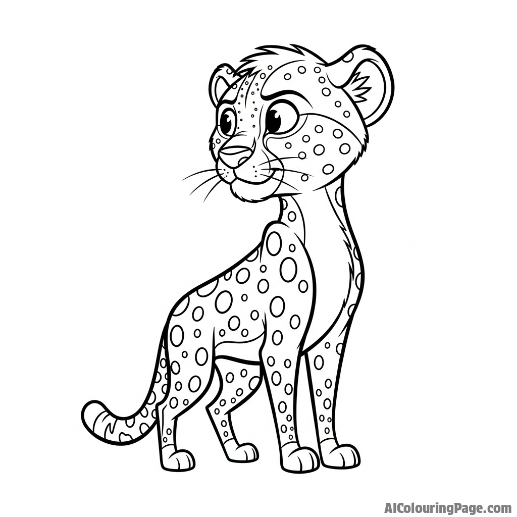 A cheetah standing perfectly still and alert, its ears swiveling to catch a faint sound.