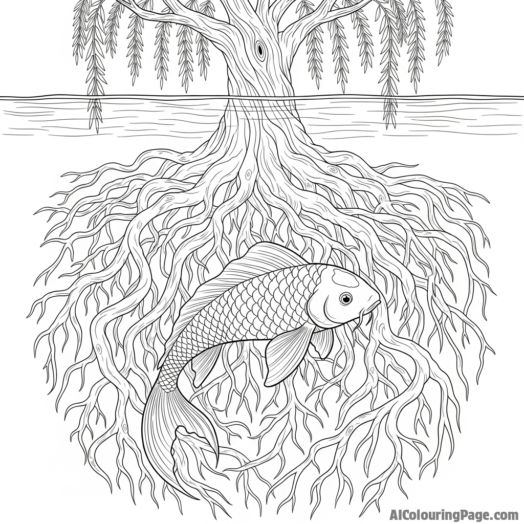 A koi fish expertly navigating the tangled, submerged root system of an ancient willow tree.