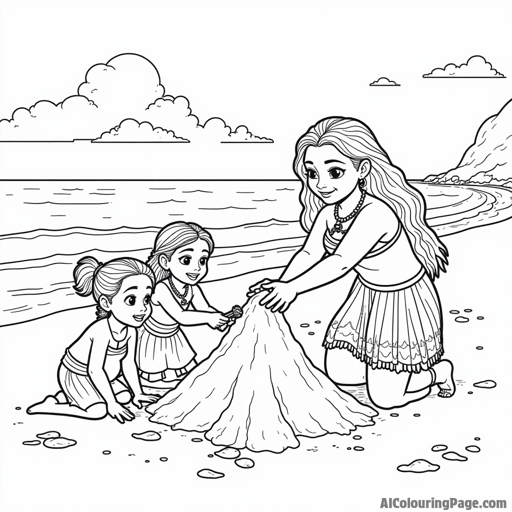 Moana and her friends building a sandcastle on the beach, with ocean waves gently lapping at their feet.