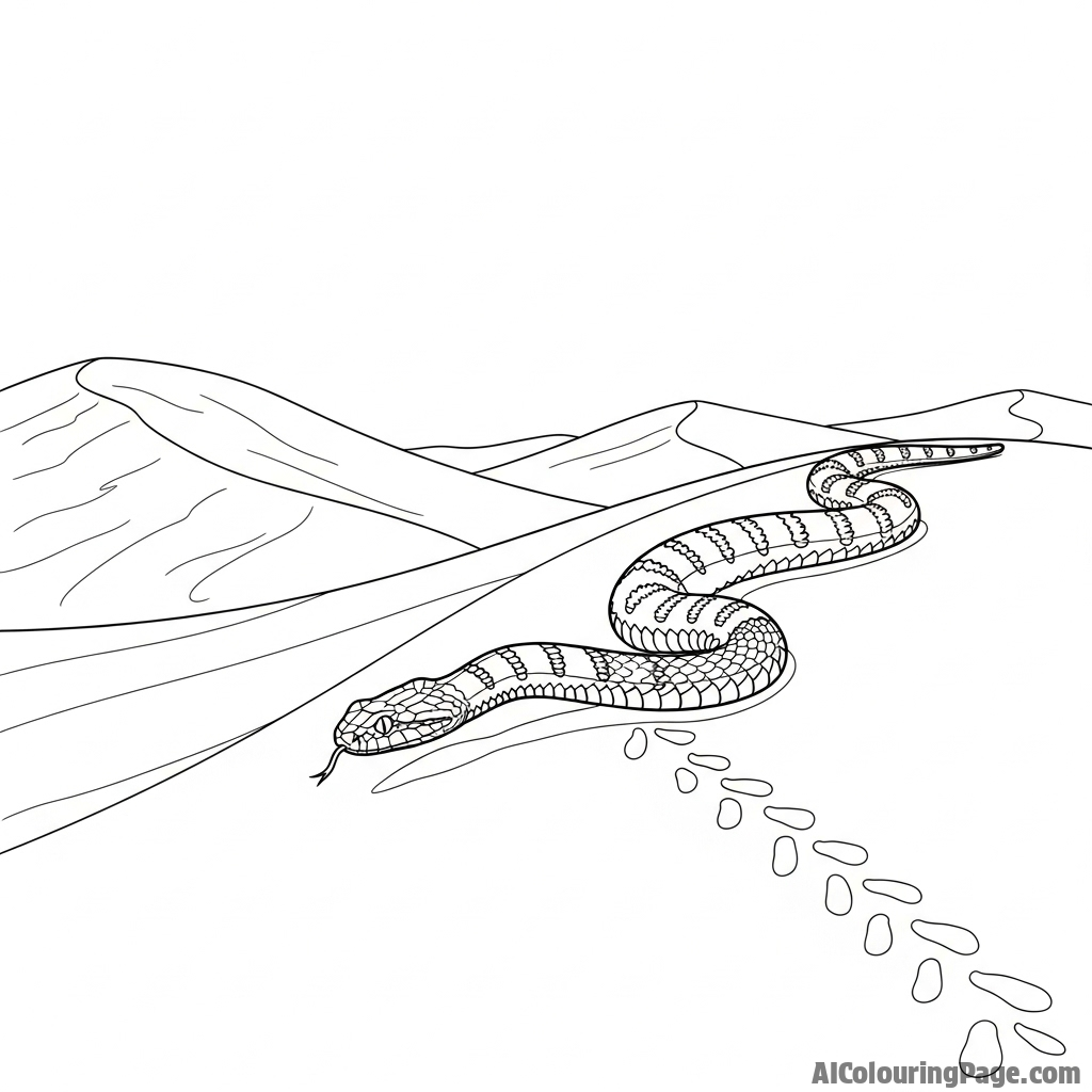 A desert sidewinder moving across a vast dune, creating its distinctive J-shaped tracks in the sand.