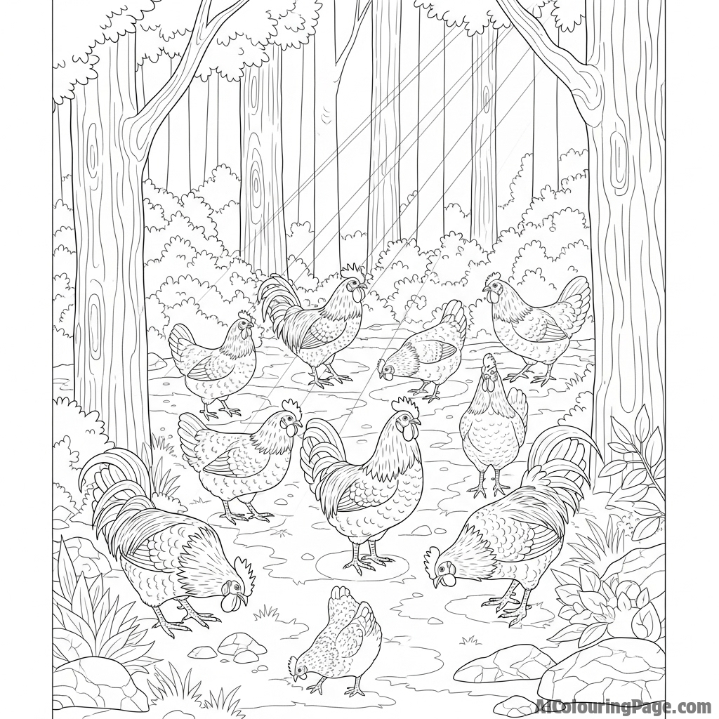 A flock of chickens foraging in a sun-dappled forest.