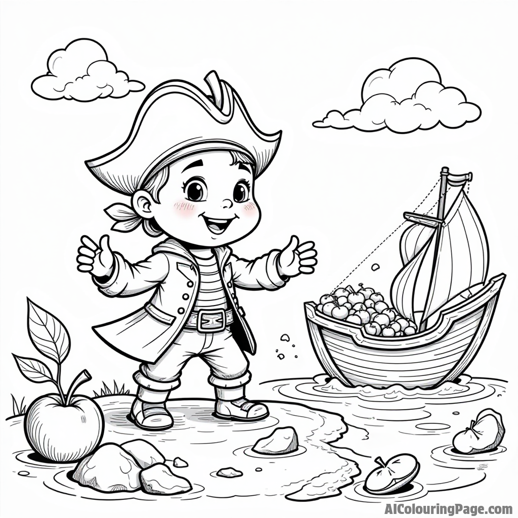 An apple pirate on a treasure hunt, exploring an island filled with apple-shaped rocks and treasures.