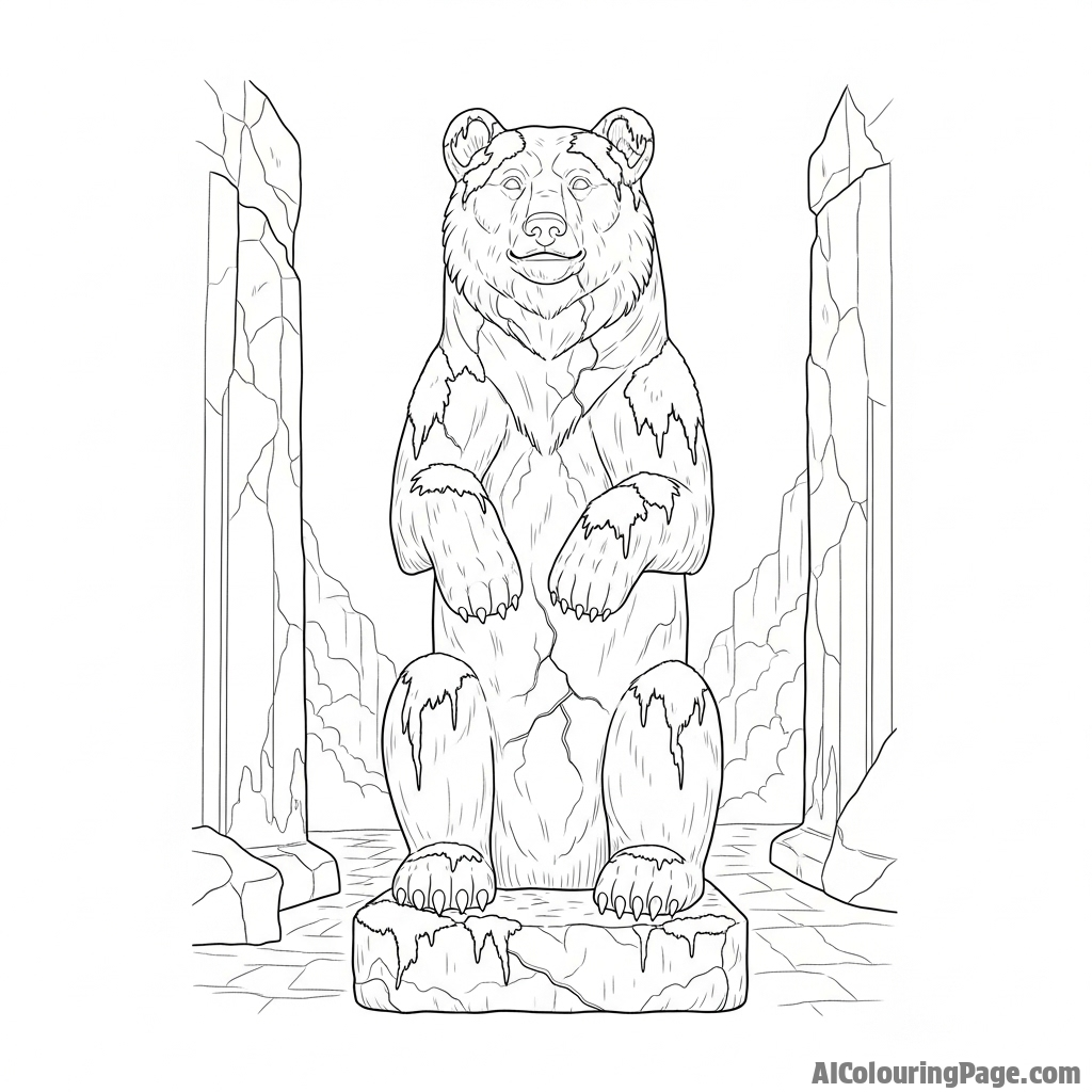 An ancient, moss-covered stone statue of a bear in a forgotten ruin.