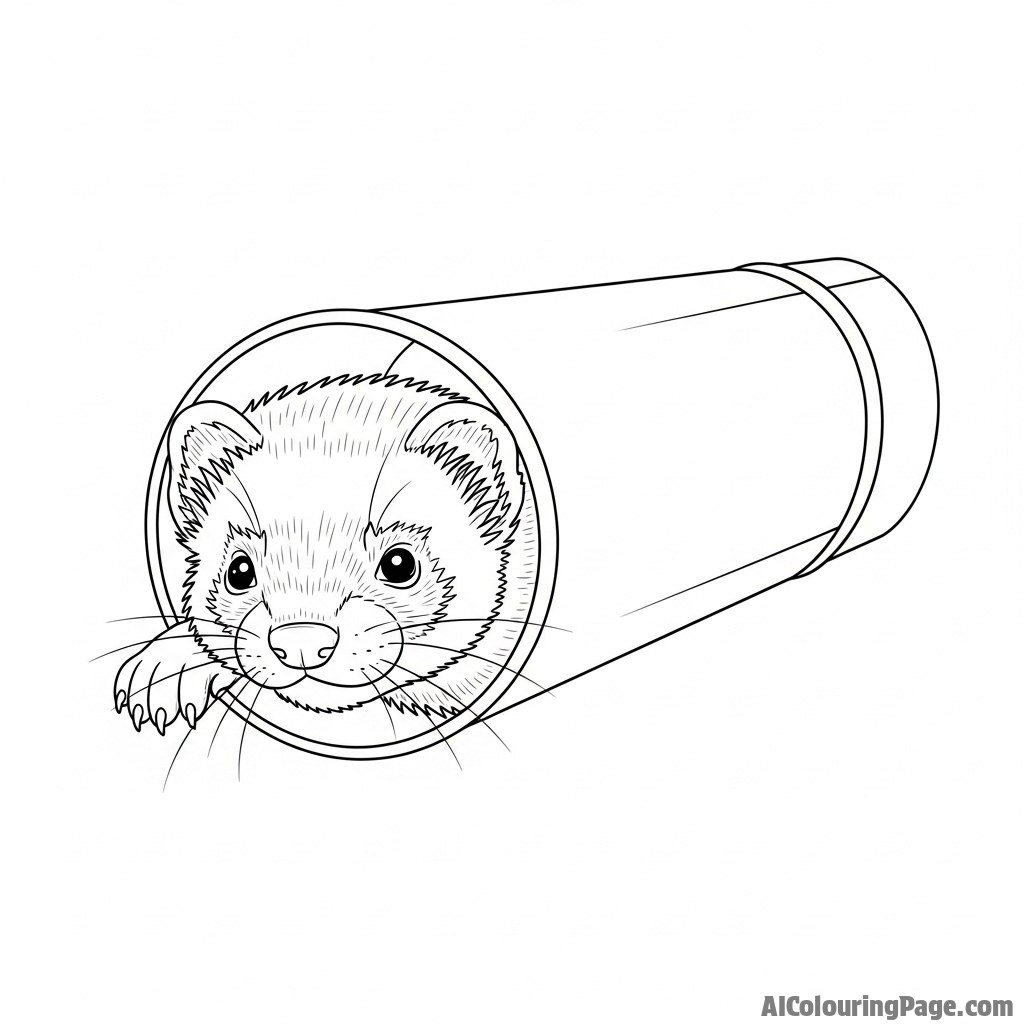A playful ferret peeking its head out of a tube