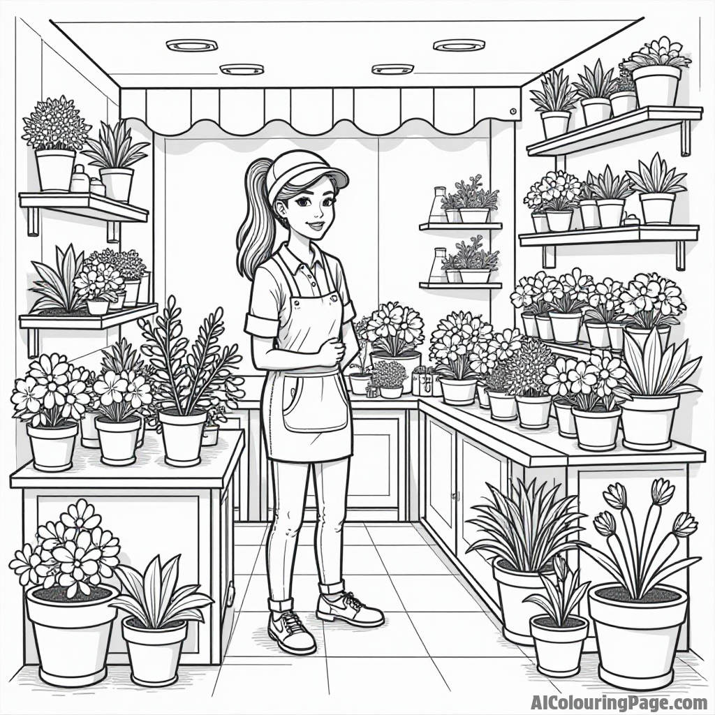 A lovely flower shop filled with blooming plants, pots, and a cheerful shopkeeper, creating a vibrant and lively atmosphere.