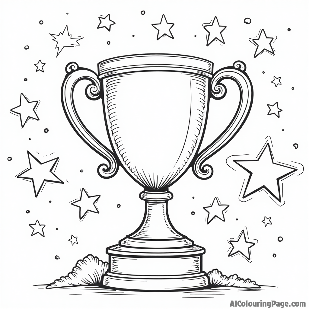 A racing trophy surrounded by stars and ribbons, symbolizing achievement and success in sports, designed as a fun coloring page for young artists.