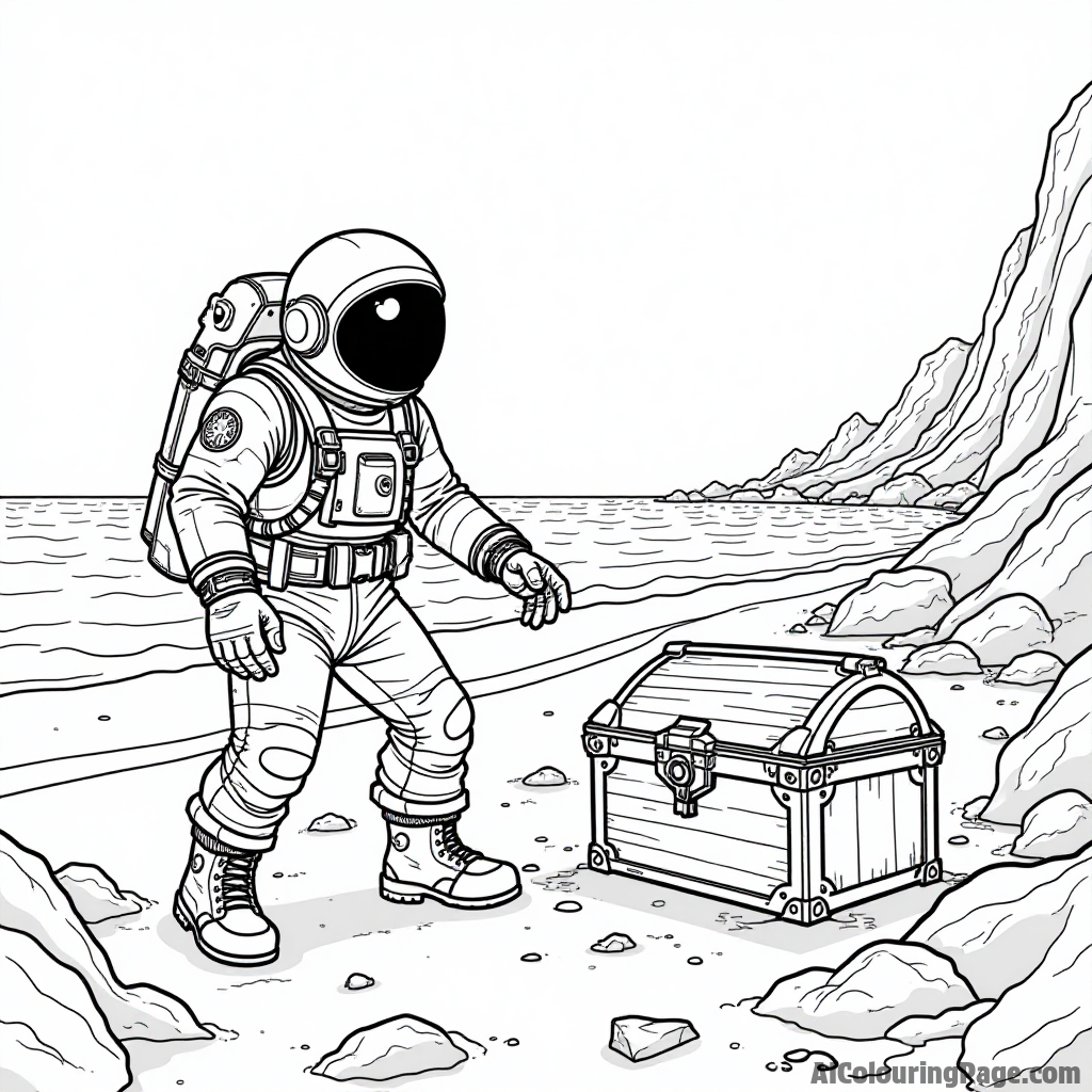 A scene of a space explorer discovering a hidden treasure chest on an alien beach with sparkling waves.