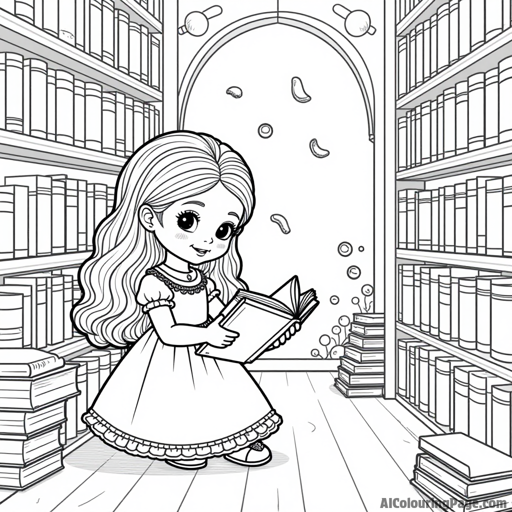 A doll in a magical library reading ancient books, with floating books and glowing lights illuminating the enchanting space.