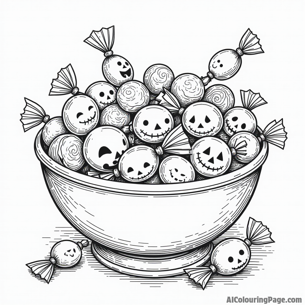 A collection of Halloween candies in various shapes and sizes, nestled in a decorative bowl with a spooky tablecloth.