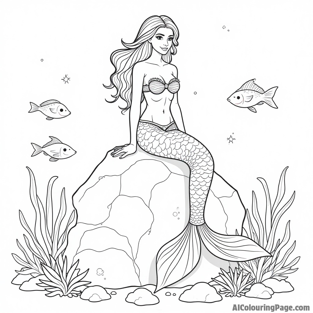 A beautiful mermaid sitting on a rock, with fish swimming around her in a vibrant underwater world full of coral.