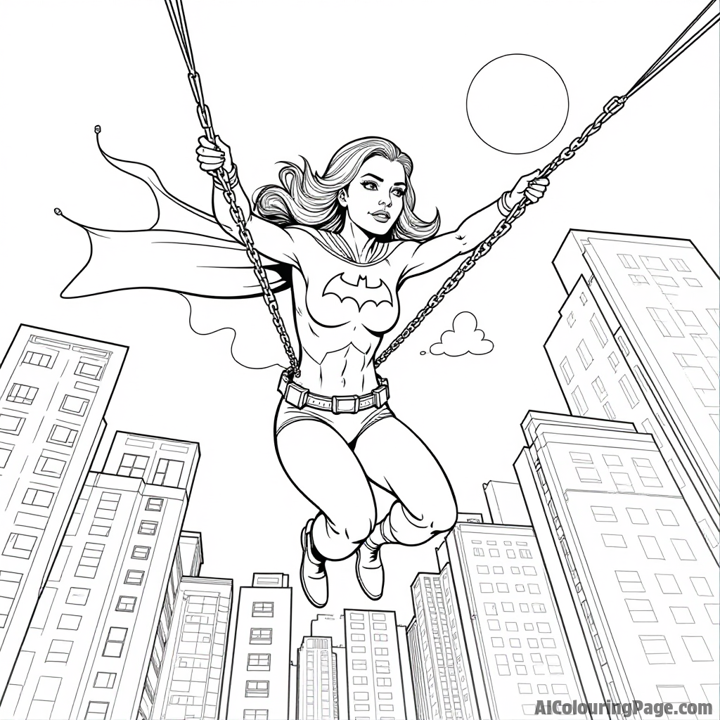 Batgirl swinging through the city on a rope with skyscrapers in the background and a bright sun shining down.