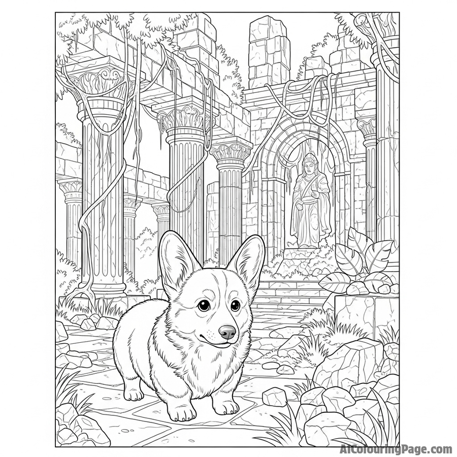 A corgi exploring a mysterious, ancient temple overgrown with vines.