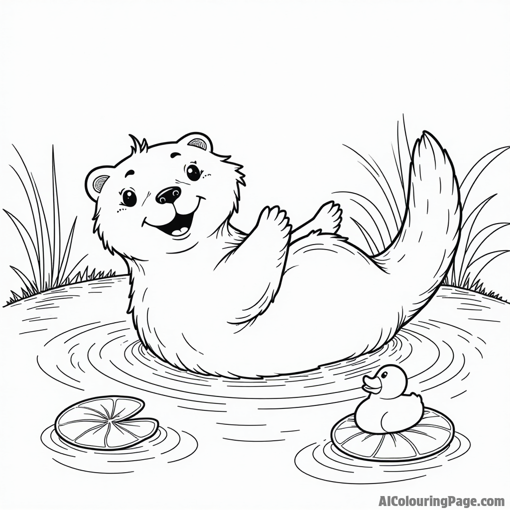 A playful otter floating on its back in a river with a rubber duck and lily pads surrounding it in the water.