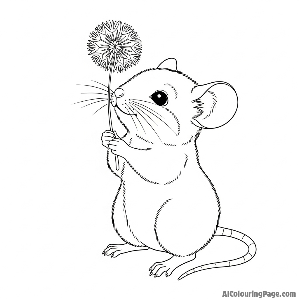 A mouse holding a single, perfect dandelion seed, ready to make a wish.