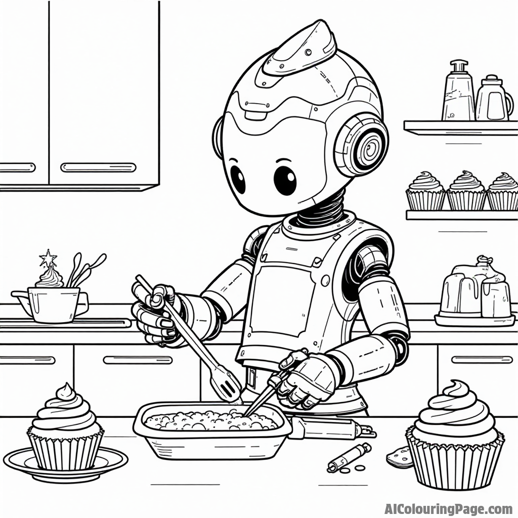 A cupcake robot baking cupcakes in a futuristic kitchen, with gadgets and tools creating delicious treats all around.