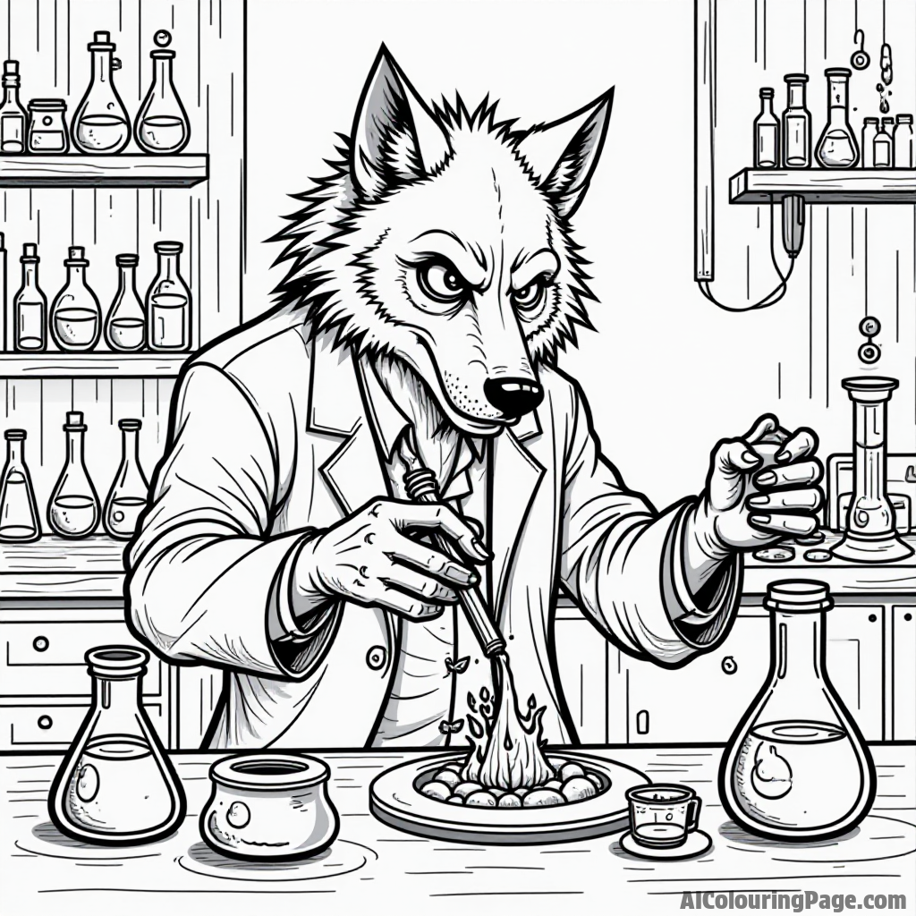 A werewolf scientist experimenting in a laboratory filled with colorful potions, strange gadgets, and bubbling beakers.