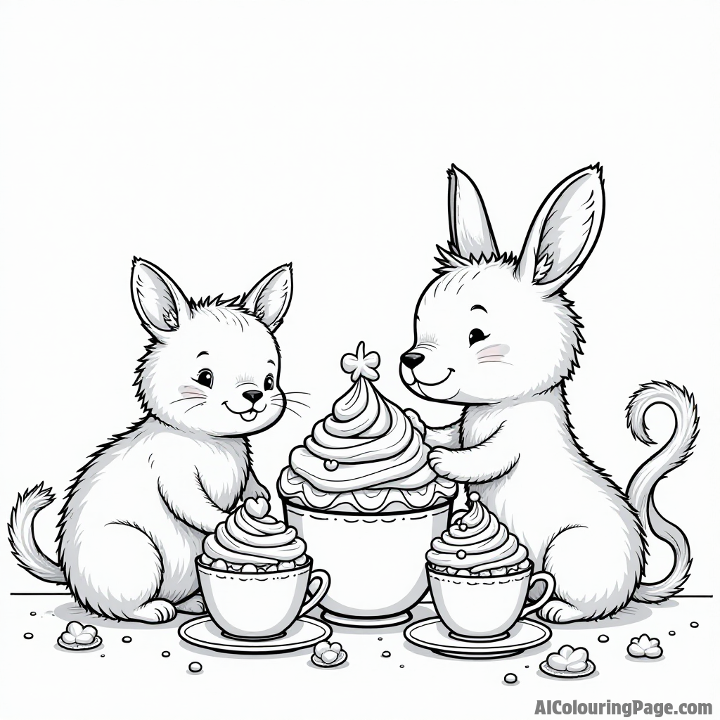 A cupcake-inspired tea party with various cupcake shapes, whimsical teacups, and playful animals enjoying sweet treats together.