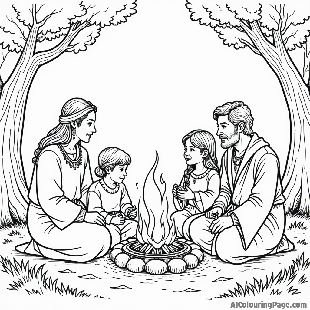 A family participating in a storytelling circle, sharing tales of ancestors with a fire in the background, emphasizing tradition and heritage, designed for kids to color in black and white.