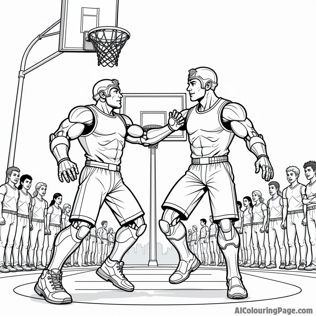 Cyborg and Beast Boy playing basketball, a hoop in the background, with friends cheering them on from the sidelines.