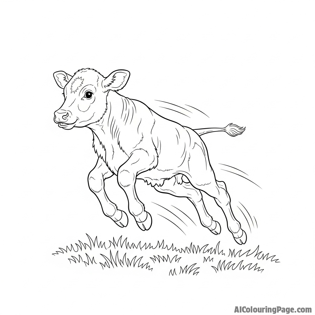 A young calf frolicking and jumping in a pasture, motion blur.