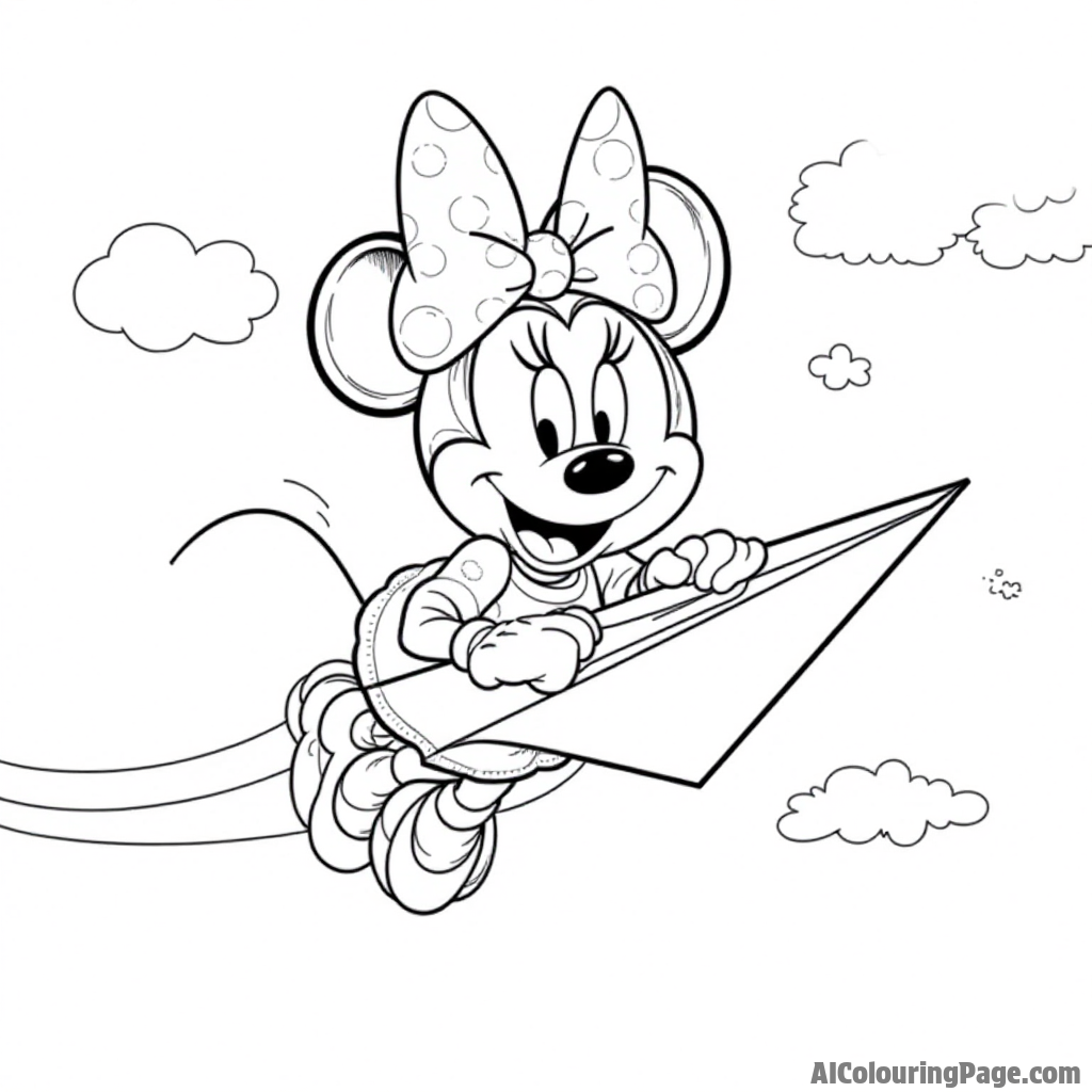 Minnie Mouse flying a paper airplane, with a big smile, as it glides through a sunny blue sky.