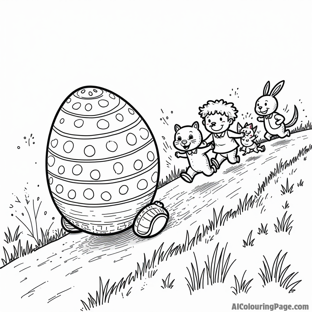 A colorful Easter egg rolling down a hill, chased by a group of excited kids and playful animals in tow.