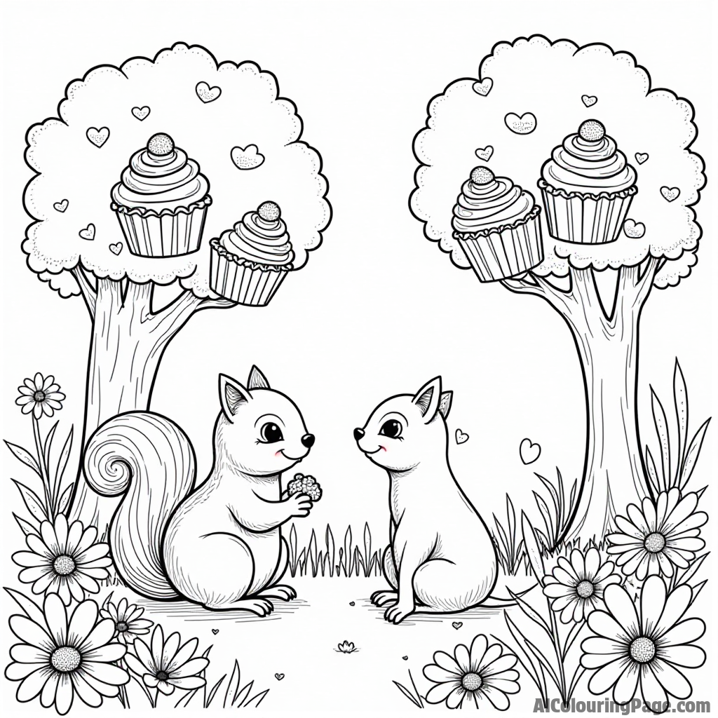 A cupcake garden where cupcakes grow on trees, a curious squirrel admiring them, and flowers blooming all around.