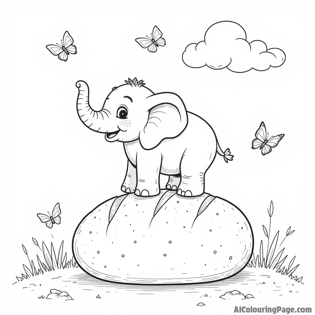 A friendly bread elephant balancing on a giant loaf, with butterflies fluttering around in a serene outdoor setting.