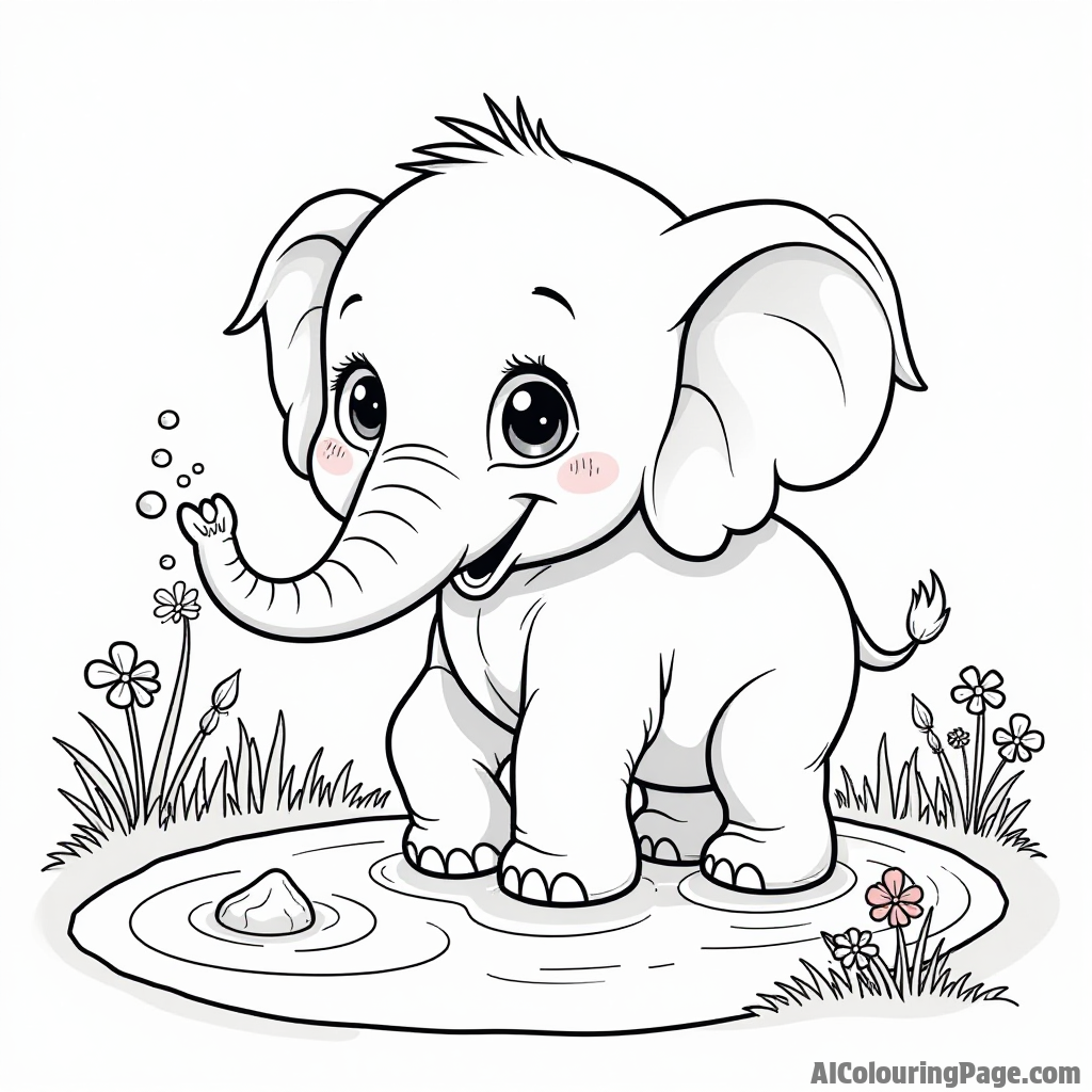 An adorable baby elephant splashing water with its trunk in a pond, surrounded by green grass and colorful flowers nearby.