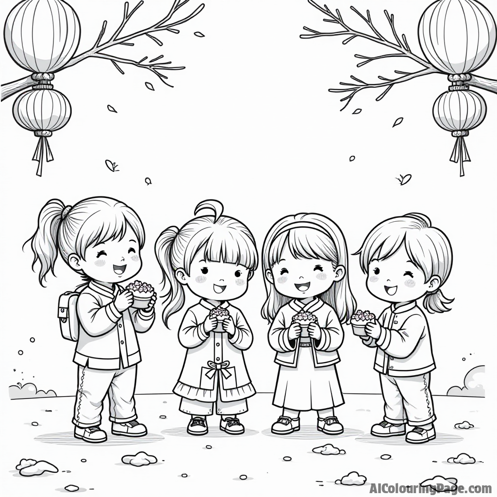 A whimsical scene of children dressed in traditional outfits, playing games and enjoying festive treats, capturing the joy and community spirit of Chinese New Year celebrations for kids to explore.