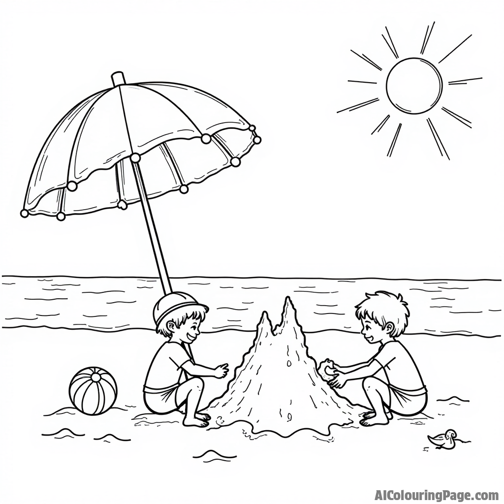 A sandy beach with a large umbrella, a beach ball, and children building a sandcastle under a bright sun.