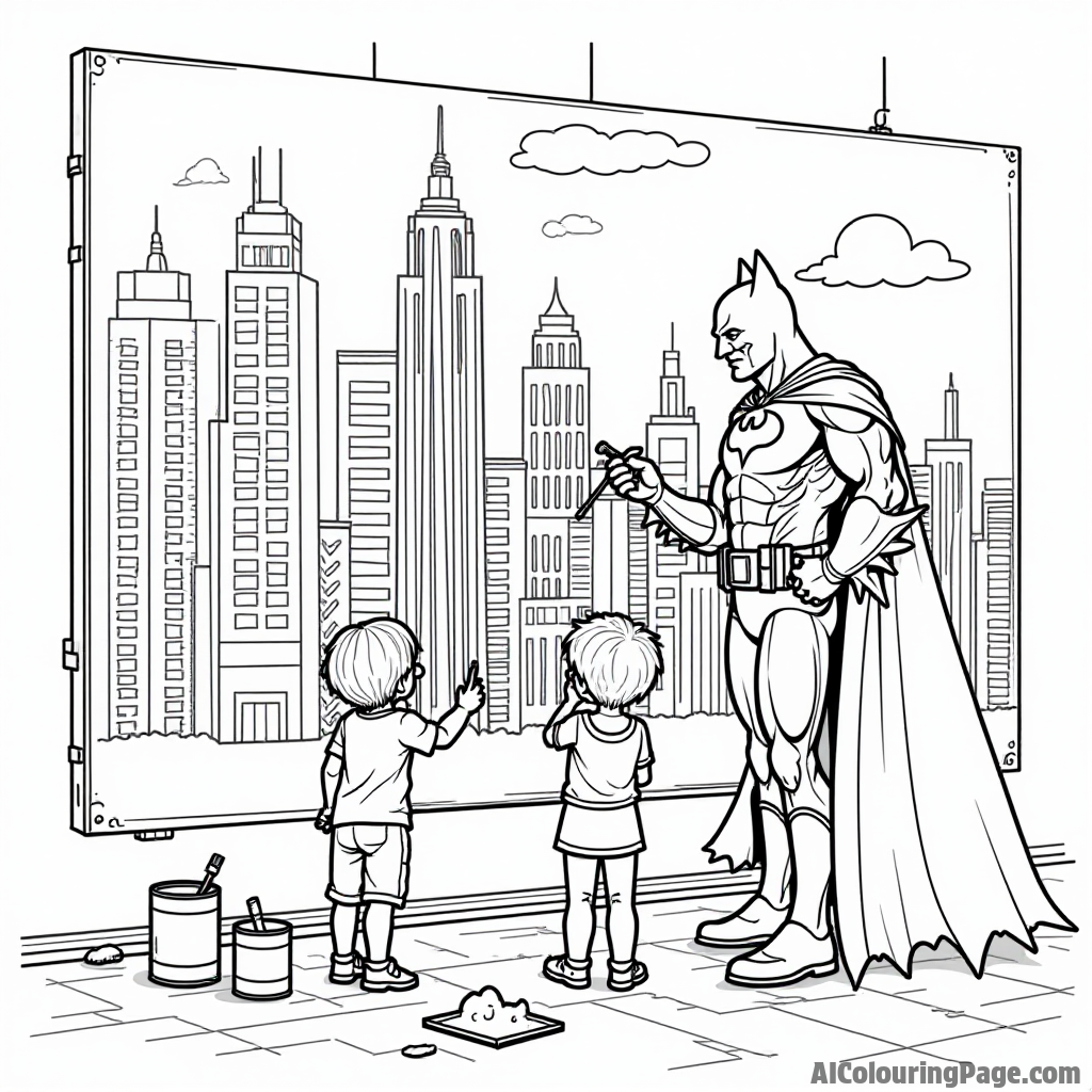 Batman painting a big colorful mural of Gotham City with children helping him, surrounded by paint cans and brushes.