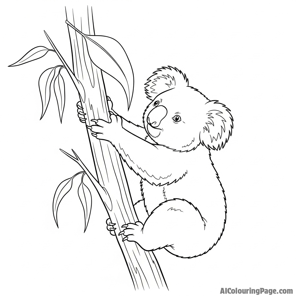 A koala straining to reach a perfect eucalyptus leaf just beyond its grasp.