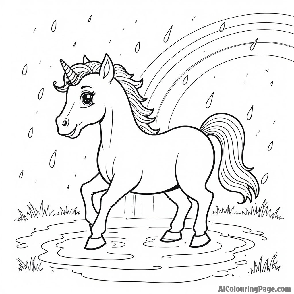 A pony splashing in a puddle during a rain shower with raindrops falling and a rainbow appearing in the sky.