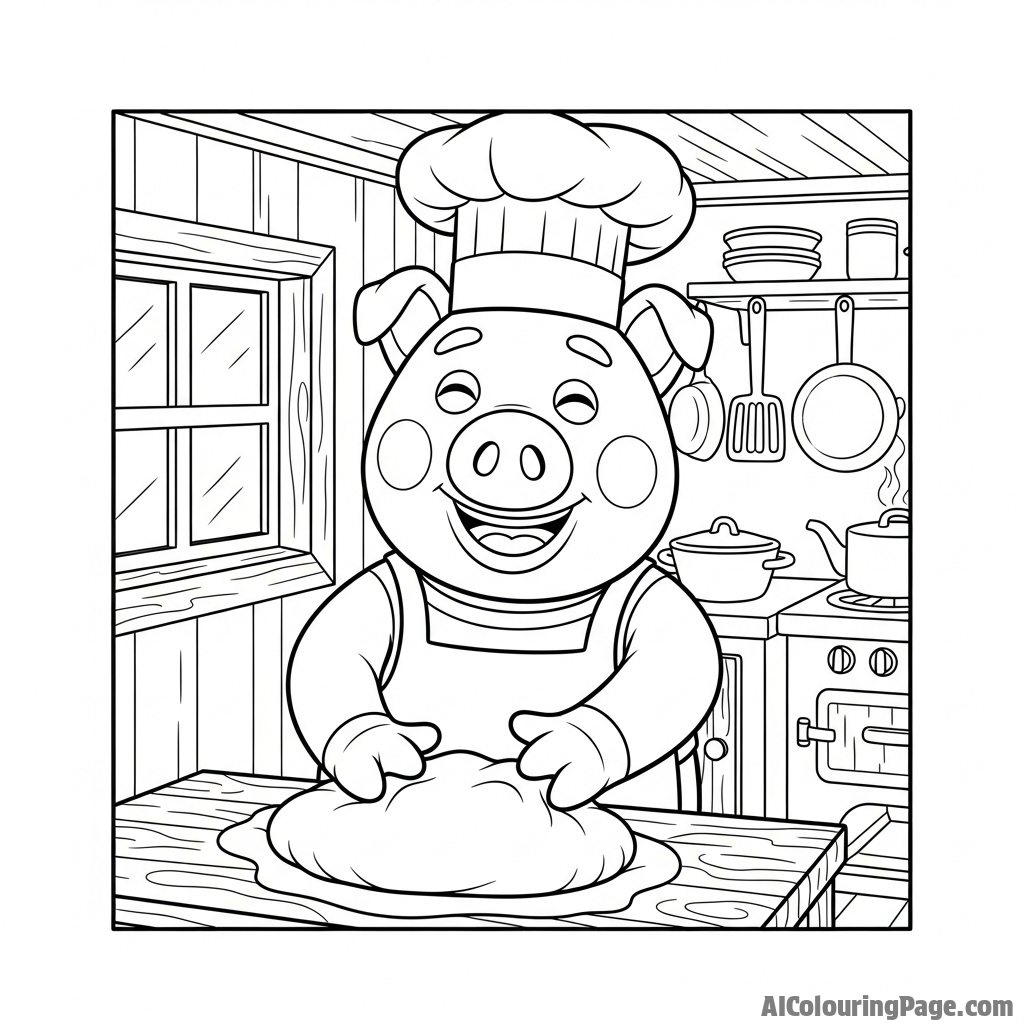 A claymation pig chef joyfully kneading dough in a tiny kitchen.