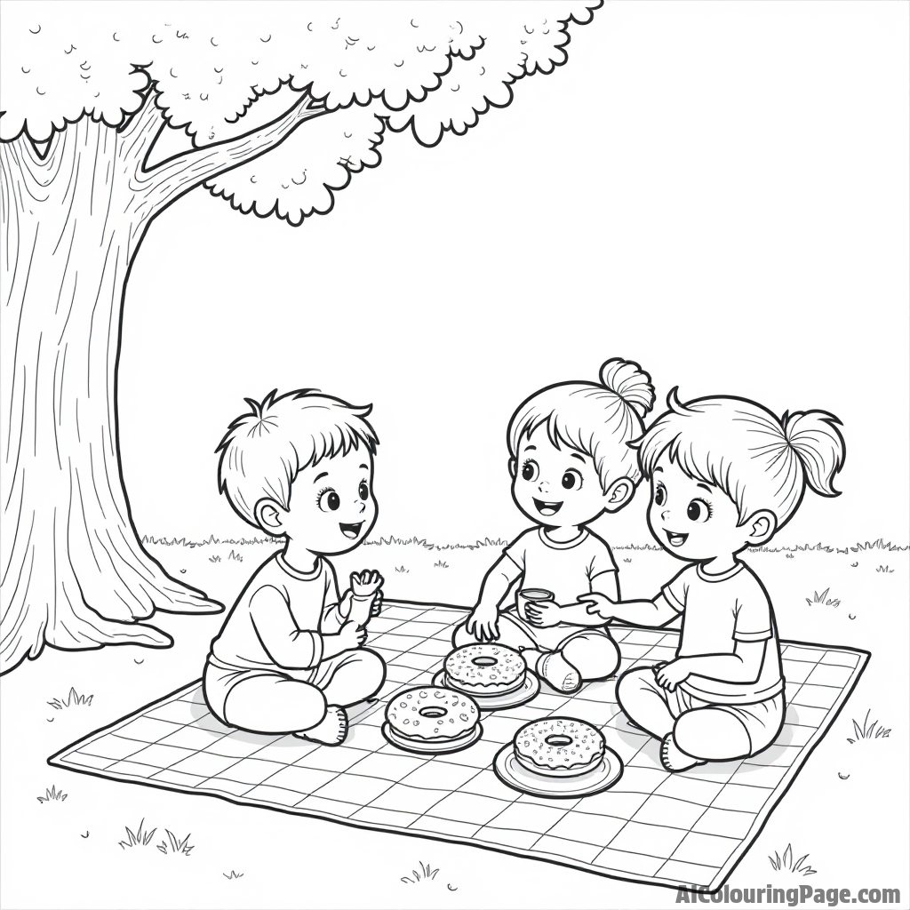 A donut-themed picnic scene with children enjoying donuts, fruit, and lemonade on a checkered blanket under a tree.