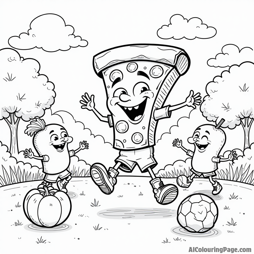 A playful pizza slice playing soccer with a group of vegetables as teammates, in a sunny park setting, with laughter around.