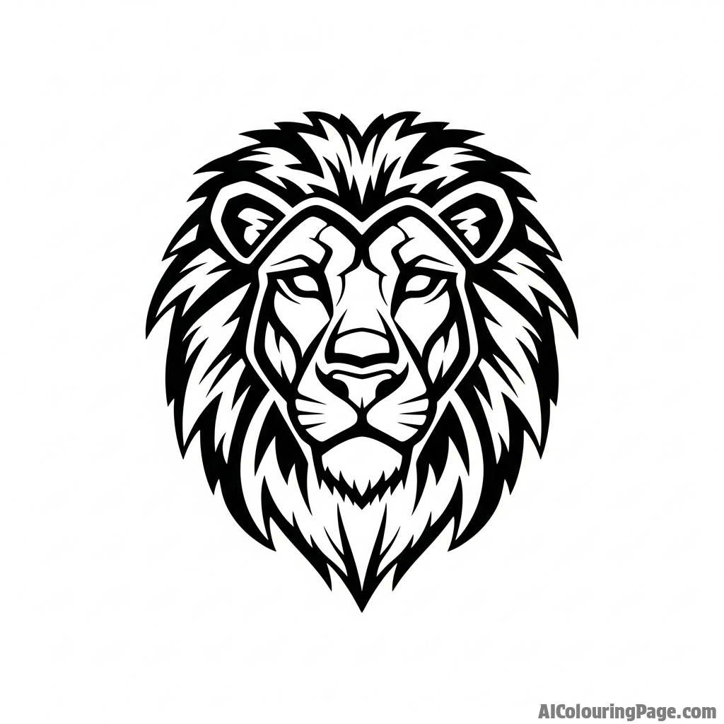A bold, tribal tattoo design of a stylized lion's head.