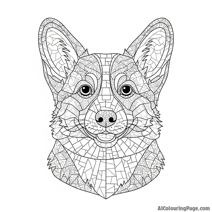 A mosaic portrait of a corgi made from thousands of tiny, textured tiles.