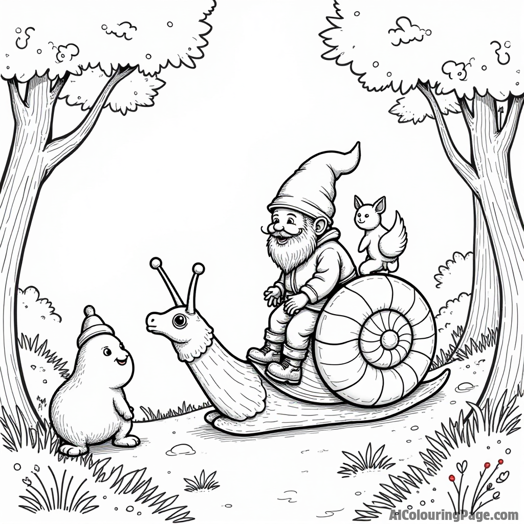 A gnome riding a giant snail through a forest with other whimsical creatures watching their journey with curiosity.