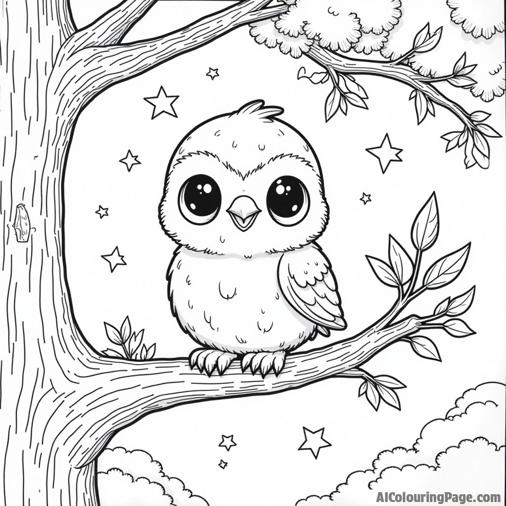 An enchanting scene of a Hatchimal perched on a tree branch, surrounded by playful birds and sparkling stars, providing a magical coloring experience for kids in this Toys and Games Coloring Pages theme.