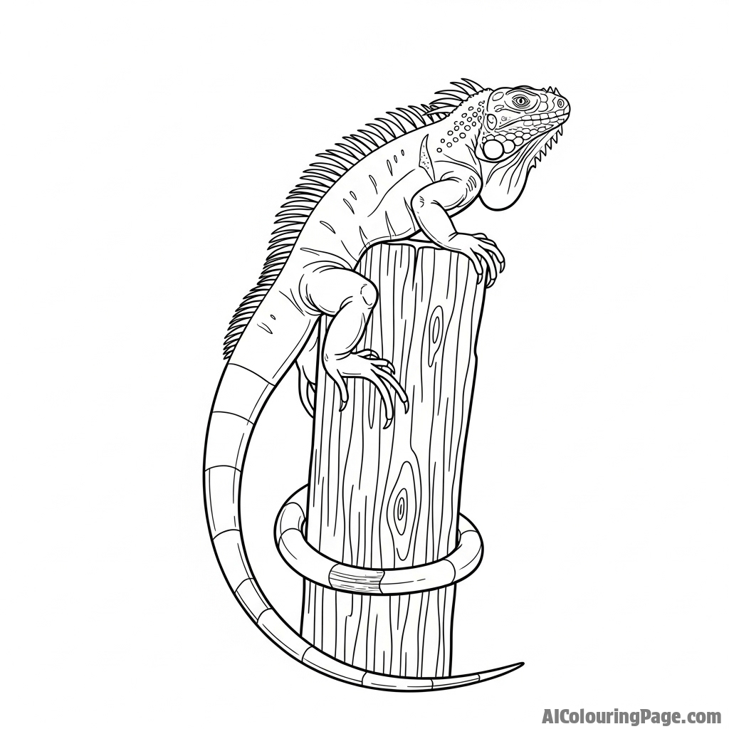 An iguana with its long tail wrapped around a weathered wooden post.