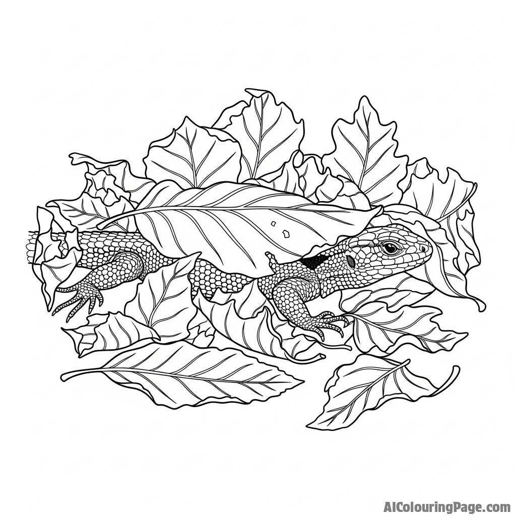 A lizard camouflaged amongst dry, fallen leaves on the forest floor.