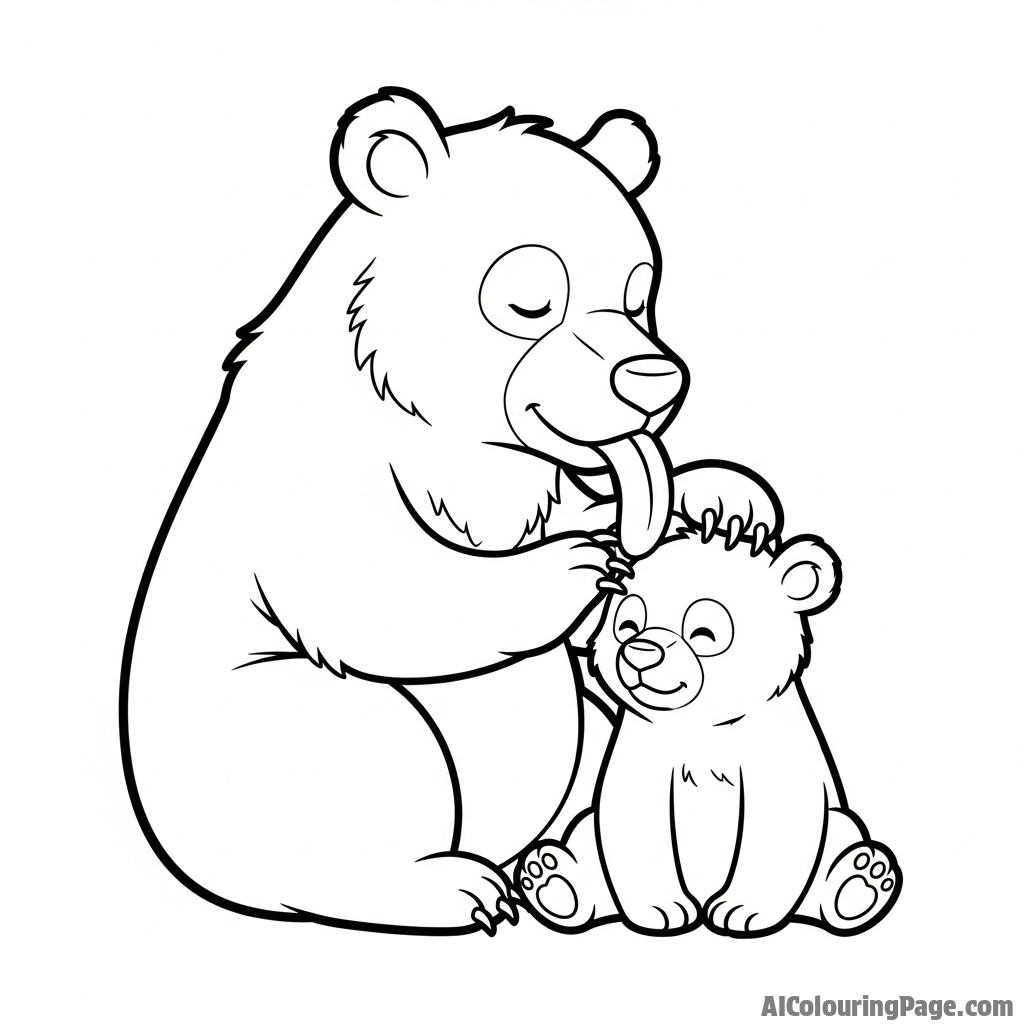 A mother bear grooming her cub with her massive tongue.